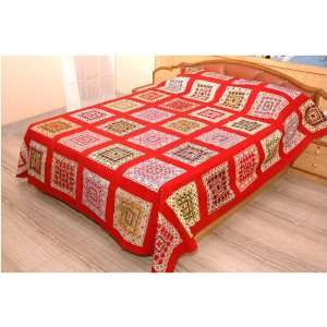   Quilted Mirror Work Cotton Thread Embroidery Bedspread   Twin Size