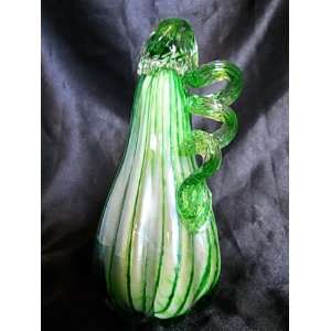   Blown Bright Green Ribbon Striped Glass Gourd Pumpkin