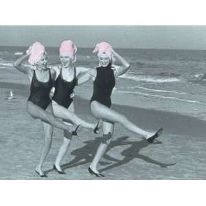  Three Women on Beach with Pink Towels on Head Photographic 