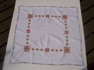 Vintage Linen Table Cloth White 32 x 32 Hand Done Cross Stitch 1950 