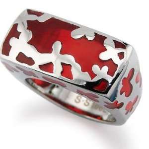  Stainless Steel Womens Ring with Red Resin Inlay   Size 