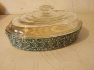Henn Pottery Blue Green Spongeware 12 Oval Baker w Lid  