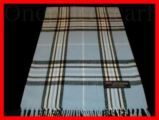 NEW 100% Cashmere Scarf Baby Blue White Black Check Plaid Scarf 