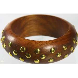   Brown Wooden Bangle Dotted with Golden Studs   Wood 