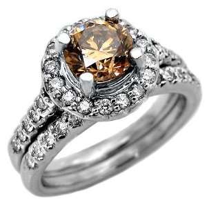  1.76ct Brown round diamond engagement ring bridal set 18k 