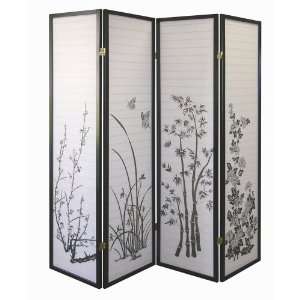   Black 4 Panel Bamboo Floral Room Divider Screen