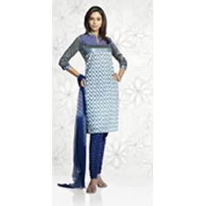   White with Dark Blue Designer Cotton Churidar Kameez 