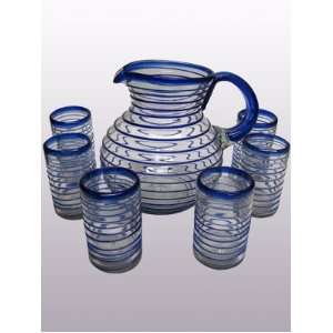  Cobalt Blue Spiral pitcher and 6 drinking glasses set 