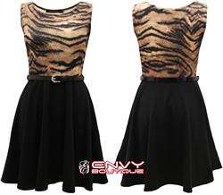 LADIES ANIMAL PRINT BELTED SLEEVELESS TAILORED SKATER WOMENS PARTY 