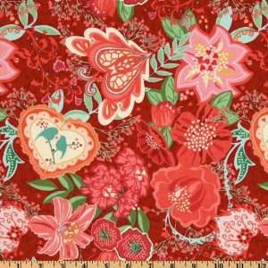  44 Wide Smitten Large Floral and Hearts Red Fabric By 