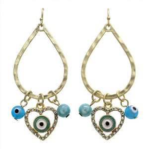   Drop Earrings With Blue Evil Eye in Center of Heart With Small Clear