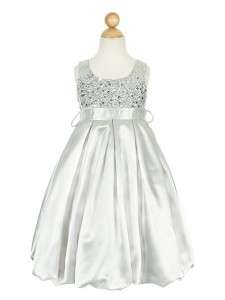 Silver Sequined Bodice Flower Girl Dress size 2 4 6 8 10 12 14   KD282 