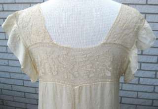 1920s Long Nightgown Pale Yellow Silk Netted Lace Yoke Shirring 