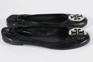 Tory Burch Black Leather Flats Classic Toe Logo Ornament Elastic Heel 