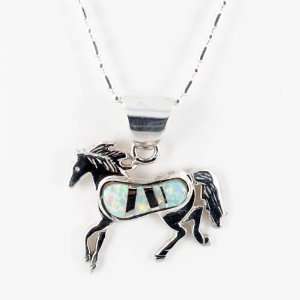  Lab Opal Inlaid Horse Pendant in Sterling Silver by Native American 