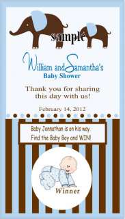 45 Baby Shower Scratch Tickets   Personalized   Blue & Brown Elephant 