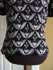 PAPELL BOUTIQUE Black Silver Evening Silk Blouse Bead Embellished M 