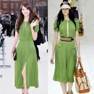   fashion High quality drape chiffon dresses greens short sleeves dress