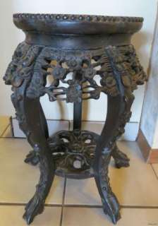 ANTIQUE 19th C CHINESE ASIAN HAND CARVED TABLE STAND SOAPSTONE INLAY 