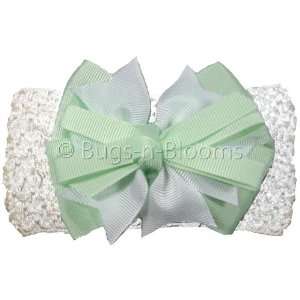 Green & White Ribbons Bow Crochet Headband   girls child baby toddler 
