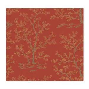   Serene Meadow Trees Wallpaper, Chinese Red/Deep Taupe/Gold Pearl