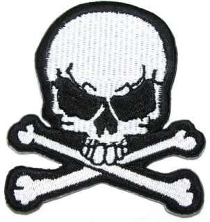 WHITE SKULL & CROSSBONES IRON ON SEW ON LARGE EMBROIDERED PATCH  