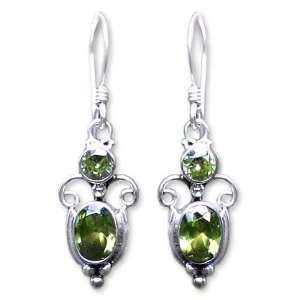   Silver and Green Peridot Dangle Earrings, Crown Princess Jewelry