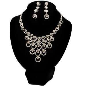   Crystal Bib Necklace And Drop Earring Set (Silver Tone) Jewelry