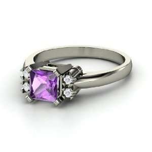  Turret Solitaire, Princess Amethyst 14K White Gold Ring 