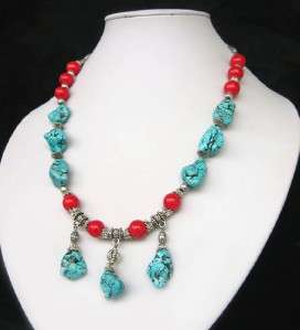 TIBETAN SILVER TURQUOISE CORAL BEADS NECKLACE  