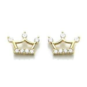14K Yellow Gold Plated Crown CZ Stud Screw Back Earrings For Children 