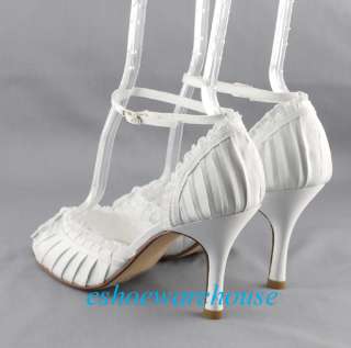 Cutie Sweet Pleated Peep Toe Lace Bow Pumps White Satin  