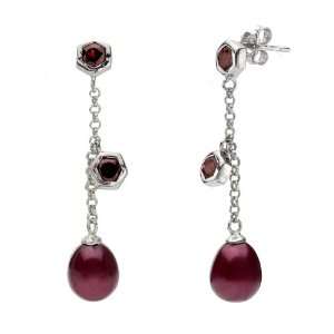   Pearl with Garnet Gemstones with 1 inches Chain Dangled Ball Earring