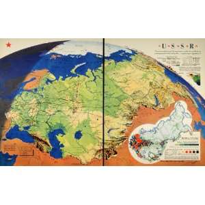  1941 Print Map USSR Soviet Union Railroad Population 
