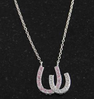Double Horse Shoe Pink & White CZ Silver Necklace  