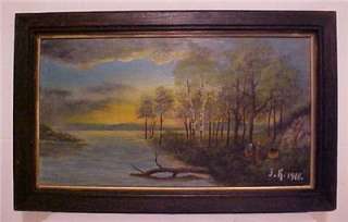 1918 Superb Antique Landscape Night Camp Fire Oil Painting O/B 