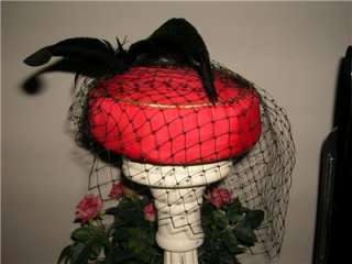 VINTAGE Pillbox Veil Hat Red Gold Black Feathers lined Handmade 