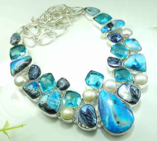 HUGE DENDRITIC OPAL+BLUE TOPAZ+RIVER PEARL SILVER NECKLACE 20; R9426 