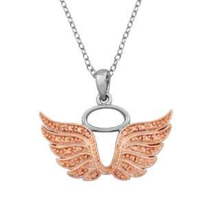   and Rose Gold Plated Diamond Accent Angel Wings with Halo Pendant, 18