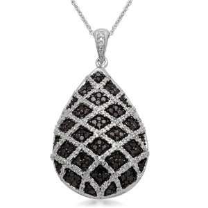  Sterling Silver Black and White Diamond Drop Pendant Necklace 