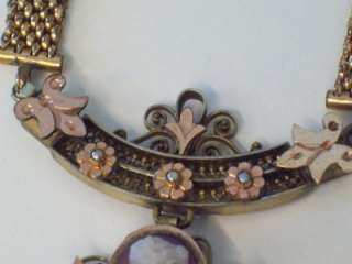 AMAZING ANTIQUE VICTORIAN ROSE GOLD FILL CAMEO & SEED PEARL NECKLACE 