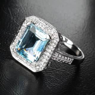   Emerald Cut VS Aquamarine 14K White gold Diamond Halo Engagement ring