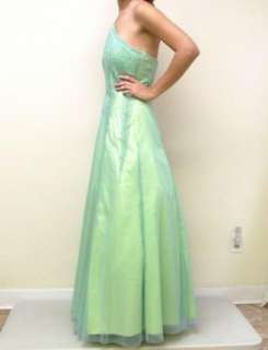 Ethereal Green Blue Full Length Mesh Beaded Halter Top Prom Dress Gown 
