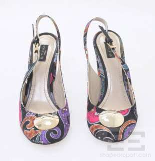 Etro Black & Multi Color Paisley Slingback Stacked Heels Size 39 NEW 