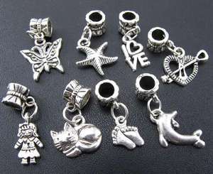 Wholesale 100pcs Mix Tibetan Silver Dangle Beads Fit Charm Bracelet 