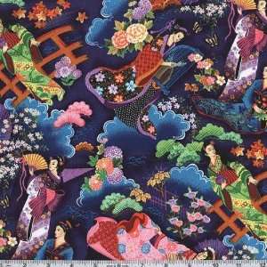   45 Wide Geisha Garden Blue Fabric By The Yard Arts, Crafts & Sewing