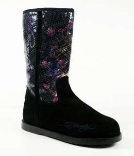 Ed Hardy Womens ICELAND Sequin Boots Love Kills Black  