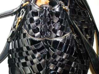 MAXX NEW YORK L XL Black Basket Weave Braided Nylon Leather Satchel 