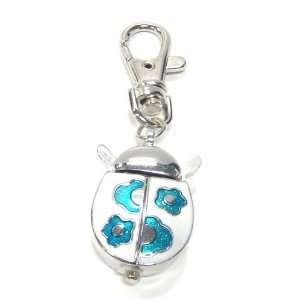   Pocket Key Chain Mini Clock WHITE and Blue Flower LADYBUG Novelty