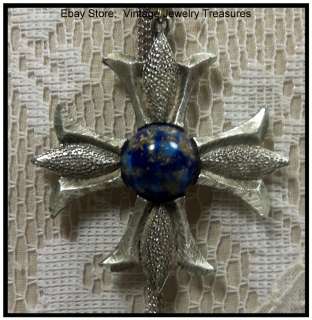 Vintage Blue Speckled Cabochon Maltese Cross Pendant Silvertone 
